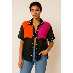 Vintage Bold Pop Color Block Sheer Rayon Womens L Polkadot 80s Maximalist Artsy